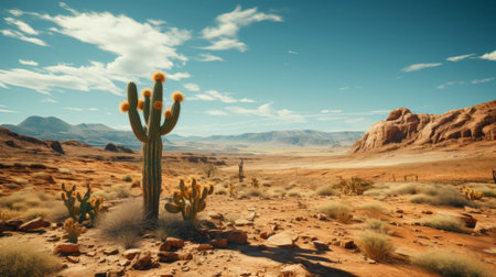 A cactus standing tall in the barren desert. Generative AI.の素材