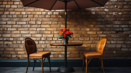 A chair and a table with an umbrella on a white brick. Generative AI.の素材