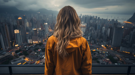 A girl standing in front of a city. Generative AI.の素材
