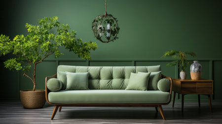 A green couch in a room. Generative AI.の素材