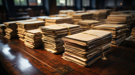 A large stack of old archival documents. Generative AI.の素材