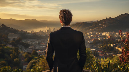 A person wearing a black suit and tie. Generative AI.の素材