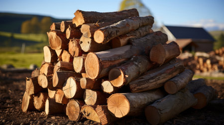 A stack of wood logs. Generative AI.の素材
