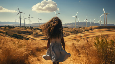 Adorable girl standing in wind turbine field back view. Generative AI.の素材