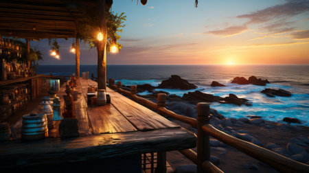 Beach bar with seascape at sunset or sunrise. Generative AI.の素材