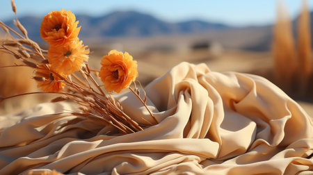 Beige Scarf and reed flowers. Generative AI.の素材