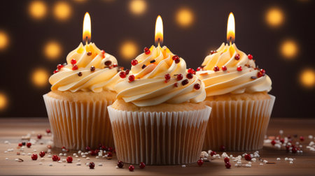 Birthday cupcake with a candle on a light yellow background. Generative AI.の素材