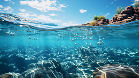 Calm water surface. Reflection in the water. Generative AI.の素材