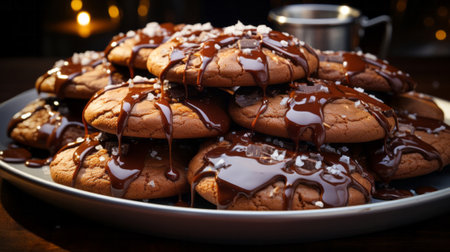 Chocolate cookies with melted chocolate close-up. Generative AI.の素材