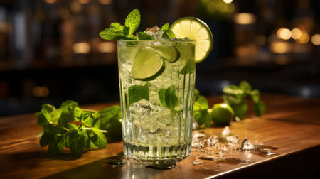 Classic mojito cocktail on a bar counter in a dark bar. Generative AI.の素材