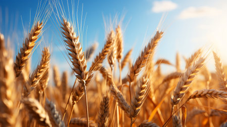 Close up wheat ears banner background. Generative AI.の素材