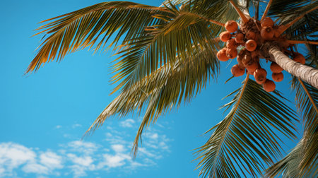 Coconut palm tree and blue sky. Generative AI.の素材