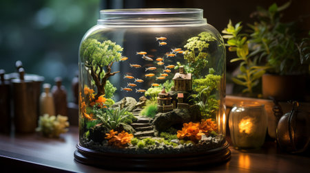 Cute small mini aquarium in house decor. Generative AI.の素材