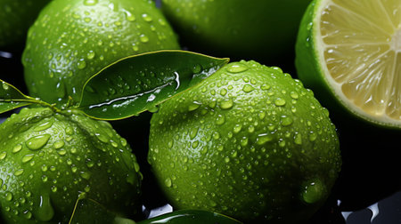 Limes with water drops close-up. Generative AI.の素材