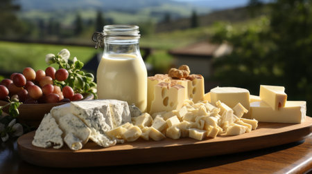 Many type of dairy products on table with nature background. Generative AI.の素材