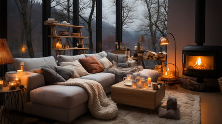 Modern salon with a wood stove in use during winte. Generative AI.の素材