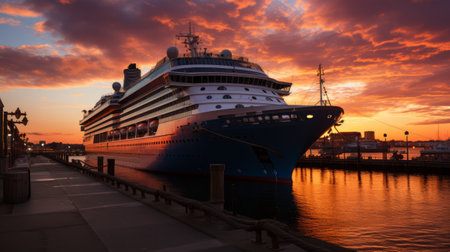 Pier at sunset cruise ship. Generative AI.の素材