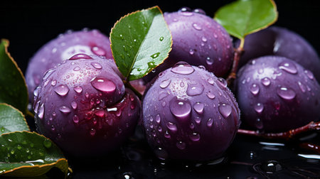Plums on a branch close-up shot. Generative AI.の素材