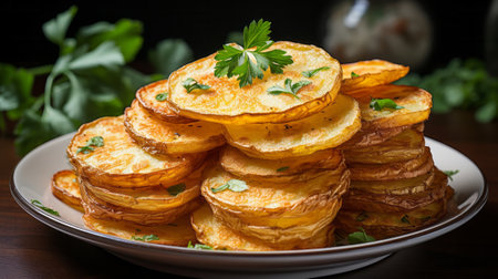 Potato slices close-up. Generative AI.の素材
