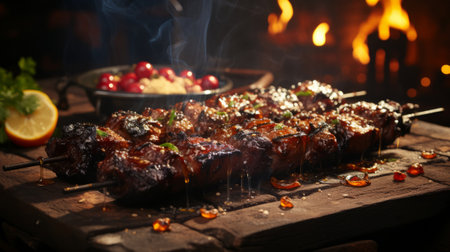 Raw kebab on skewers for barbeque. Generative AI.の素材