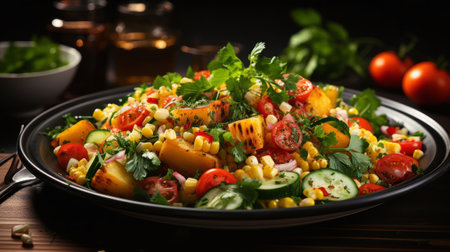 A white plate topped with corn and vegetable salad. Generative AI.の素材