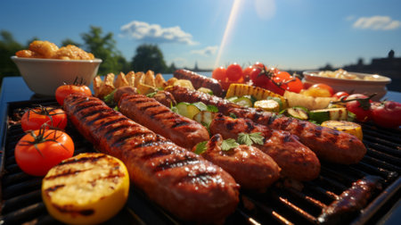BBQ grill with sizzling hamburgers and hot dogs. Generative AI.の素材