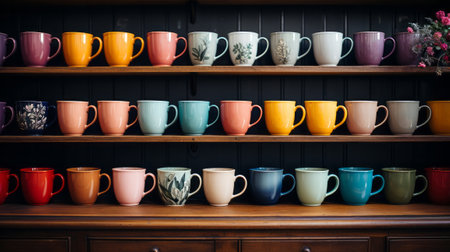 Blurred kitchen shelves displaying a collection. Generative AI.の素材