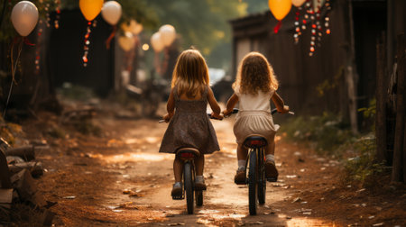 Children decorating bikes with flags and streamers. Generative AI.の素材
