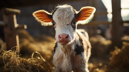 In the nursery of a dairy farm a young calf. Generative AI.の素材