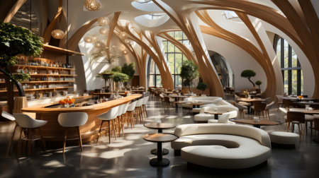 Interior design of beautiful modern cafe bar. Generative AI.の素材