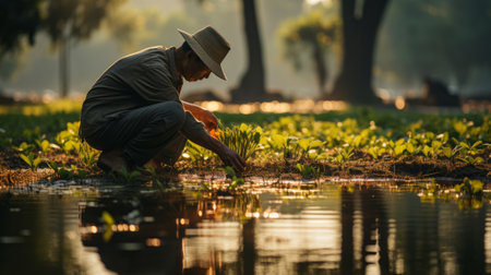 Man harvesting in paddy field with water. Generative AI.の素材