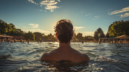 Man swim back pool back view. Generative AI.の素材