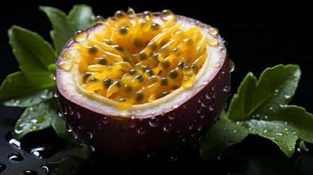 Passionfruit on black background flat lay top view. Generative AI.の素材