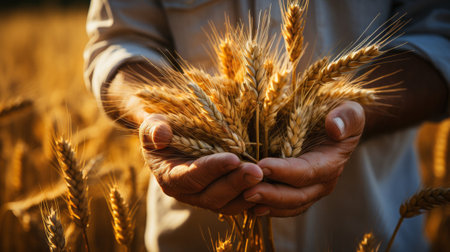 Person holding wheats on wheat field on countryside. Generative AI.の素材