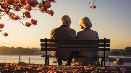 Rear view of elderly couple outdoors romantic relation. Generative AI.の素材