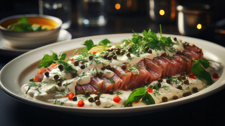 Vitello tonnato - cold veal dish with tuna and caper. Generative AI.の素材