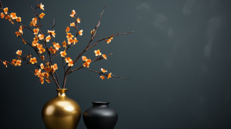 A beautiful black empty textured wall and a golden vase. Generative AI.の素材