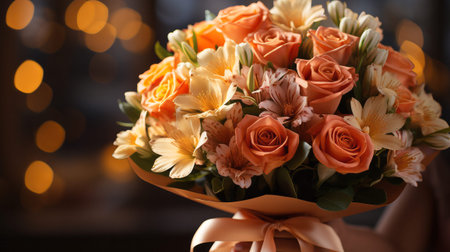 A picture of a teacher receiving a bouquet of flowers. Generative AI.の素材