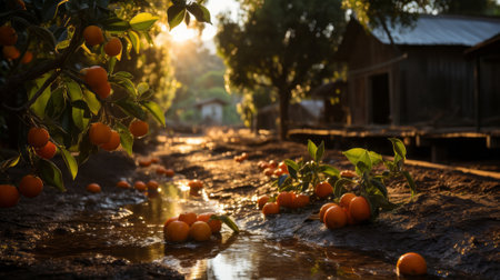 An orange grove with lots of oranges growing on the trees. Generative AI.の素材