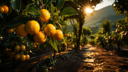 An orange grove with lots of oranges growing on the trees. Generative AI.の素材