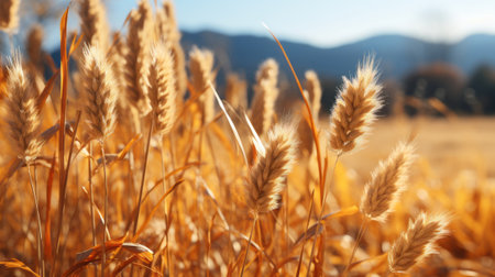 Beautiful close up gold dry grass with field as background. Generative AI.の素材