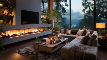 Electric fireplace and beautiful living room decor elemen. Generative AI.の素材
