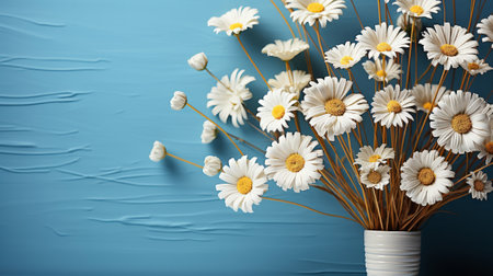 Flat spring and summer chamomile flowers on blue backgroud. Generative AI.の素材