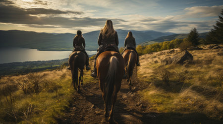 Group of people riding a horse back view. Generative AI.の素材
