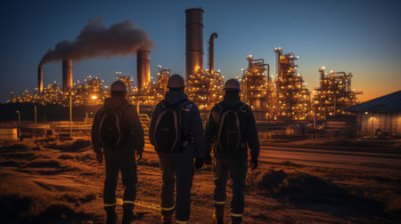 Group of workers at a gas plant. Generative AI.の素材