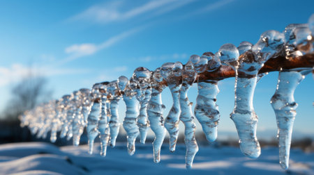 Horizontal banner with close up thawing icicles. Generative AI.の素材