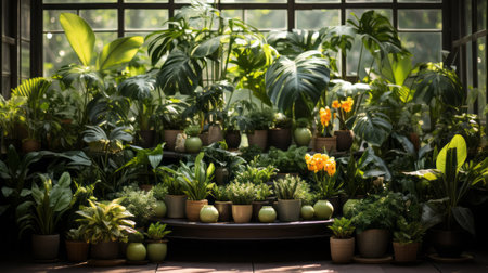 Lots of beautiful green lush indoor plants on the terrace. Generative AI.の素材