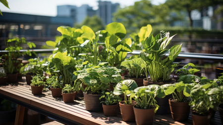 Lots of beautiful green lush indoor plants on the terrace. Generative AI.の素材