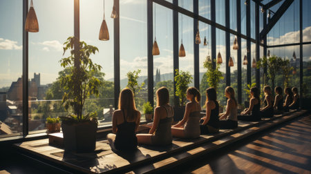 Picture of a group of people practicing Pilates. Generative AI.の素材