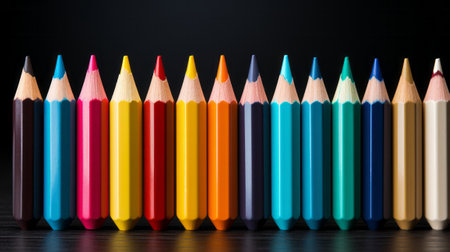 A row of colored pencils on a yellow background created. Generative AI.の素材